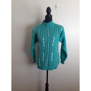 Vintage Sweater Cable Knit Women Sz M Turquoise Beaded Ribbon Fairy Kei